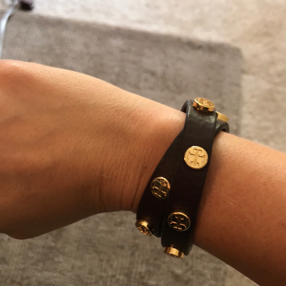 Tory Burch dark brown wrap bracelet with gold stud